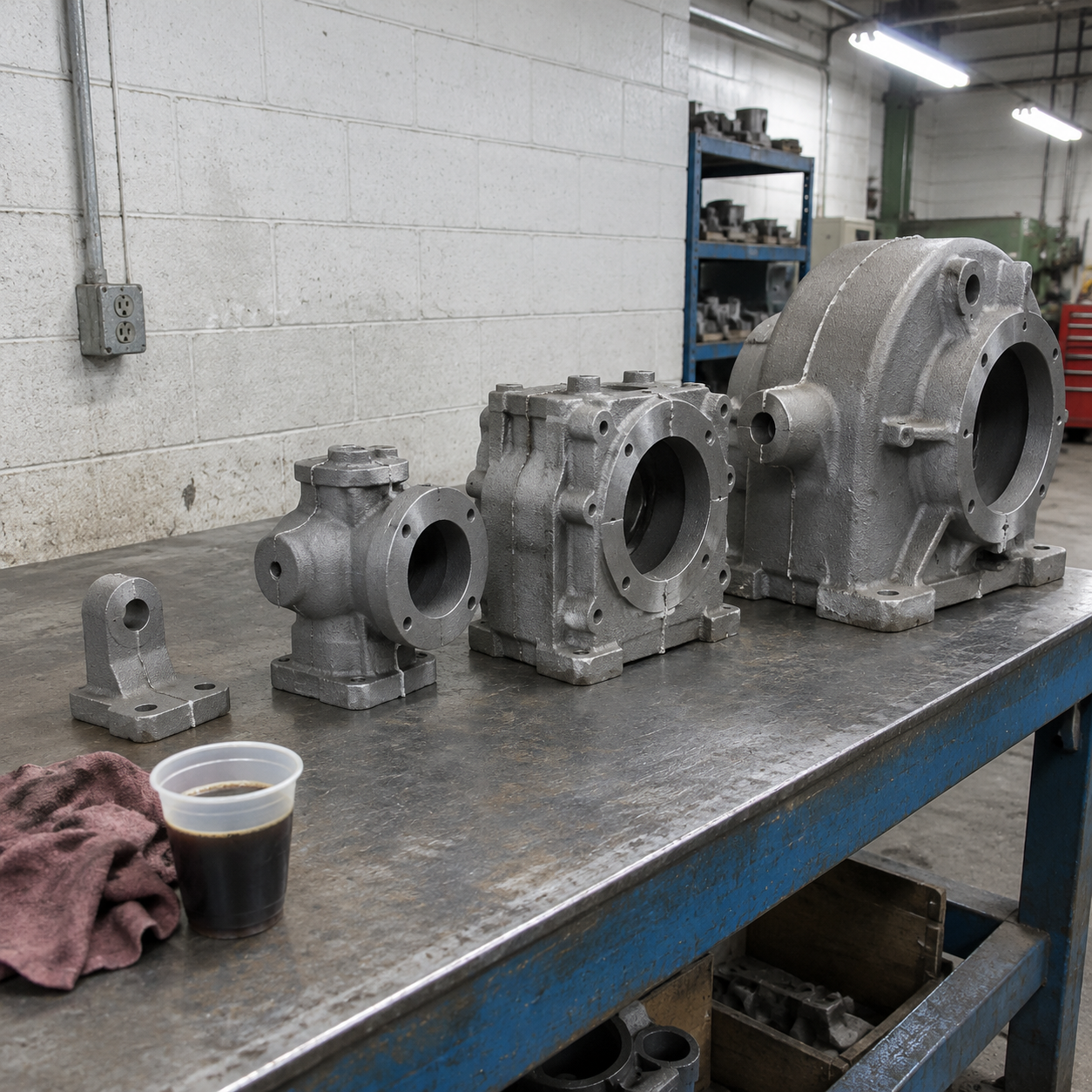 Gray iron castings of different sizes on a workshop bench