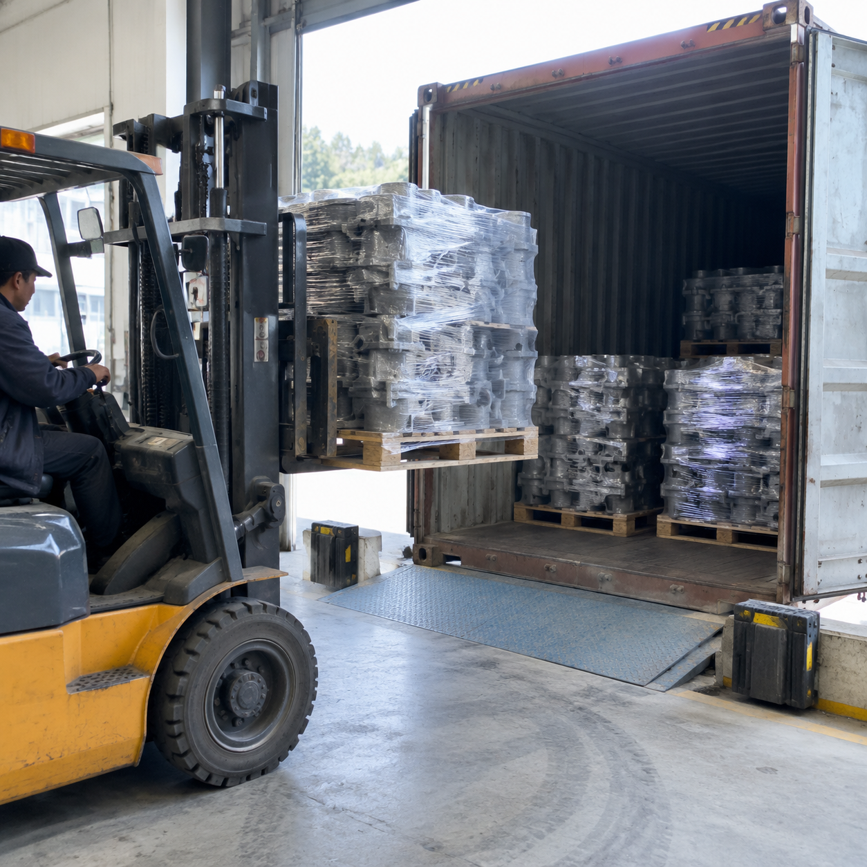Loading pallets of castings into a shipping container