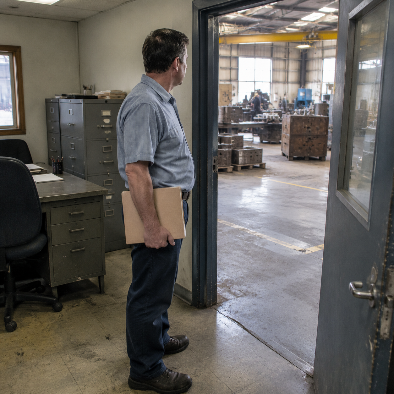 Buyer standing in a foundry office doorway looking at the shop floor