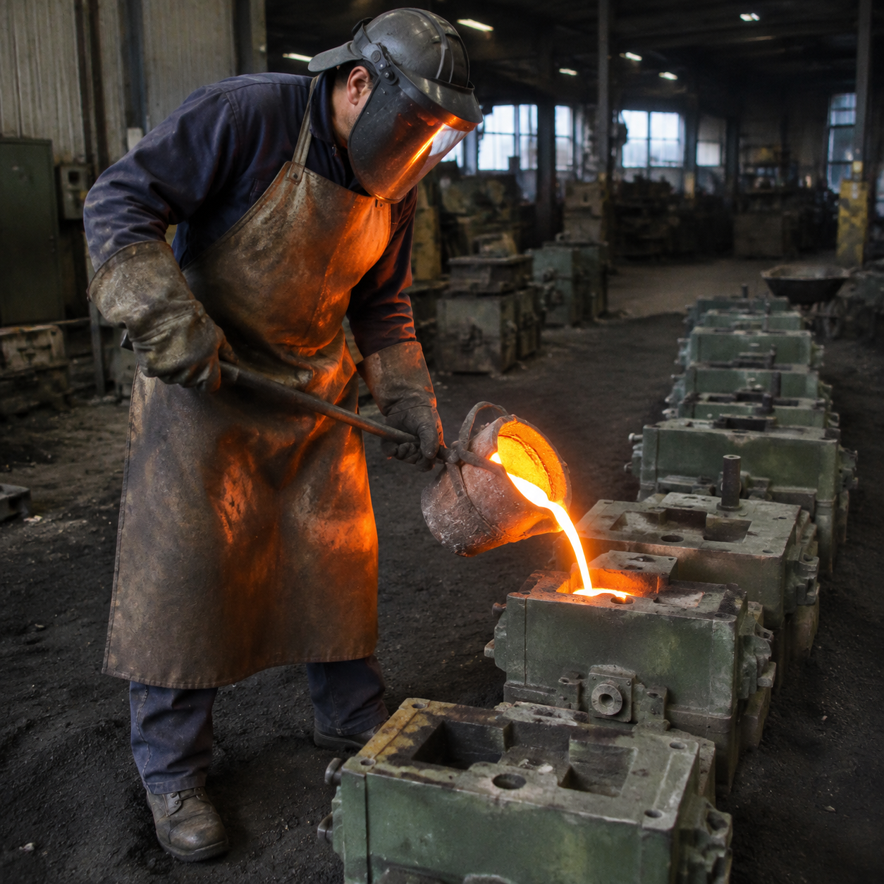 Worker pouring molten iron into green sand molds