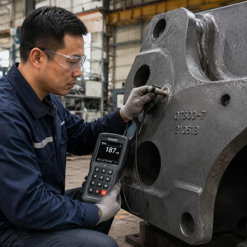 Foundry technician checking hardness of iron casting