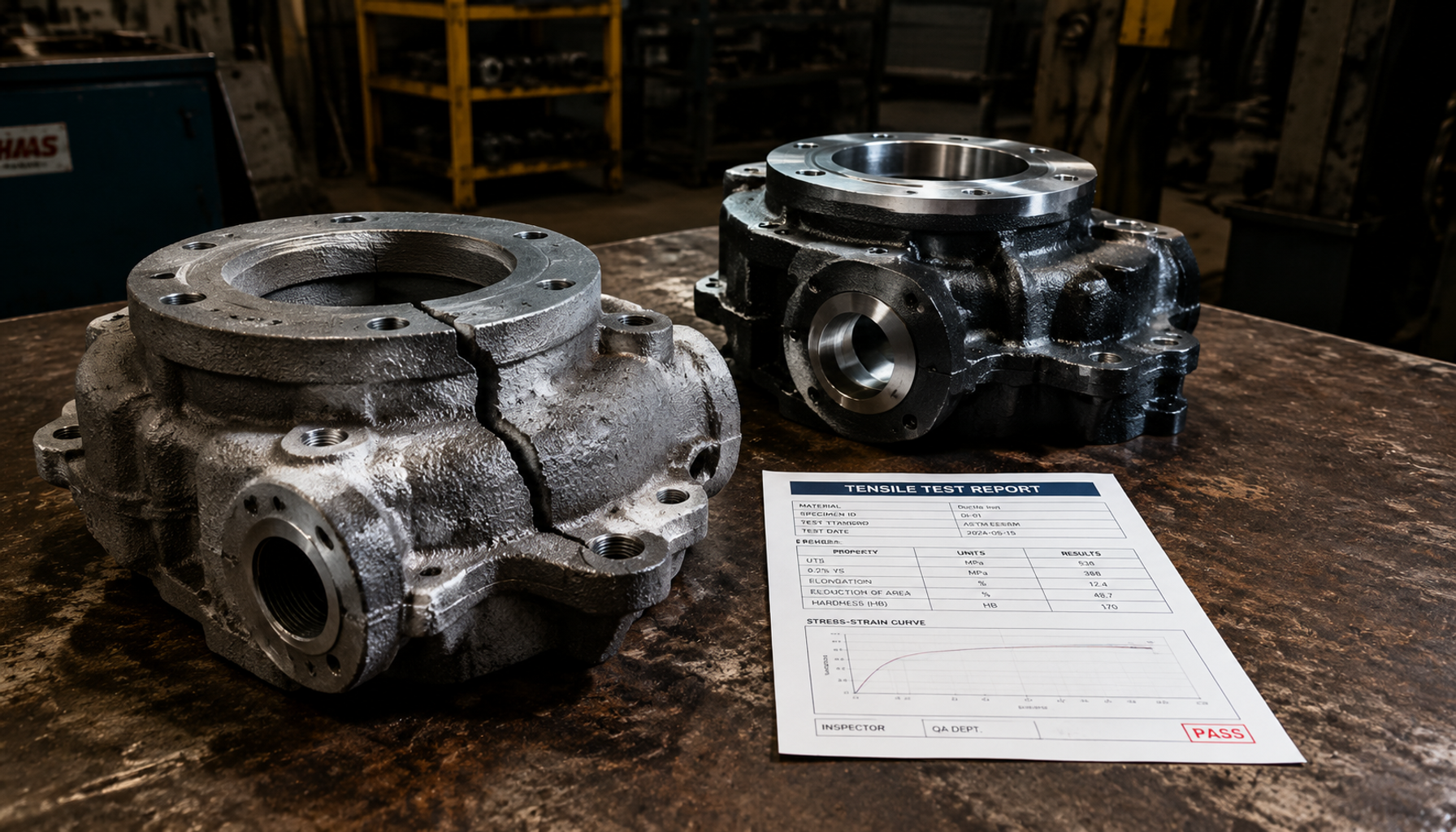 Gray iron cracked casting next to intact ductile iron casting