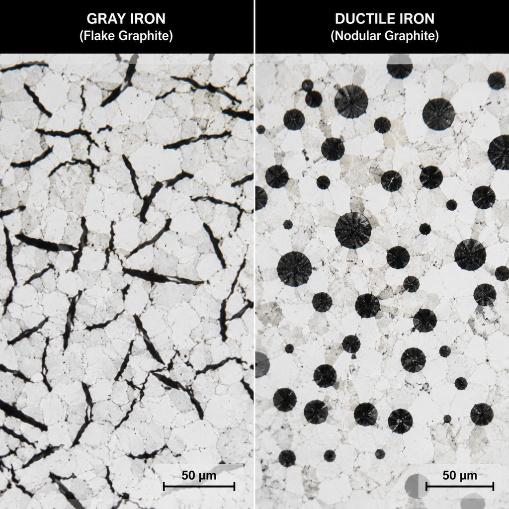 Gray iron flake graphite vs ductile iron nodular graphite microstructure