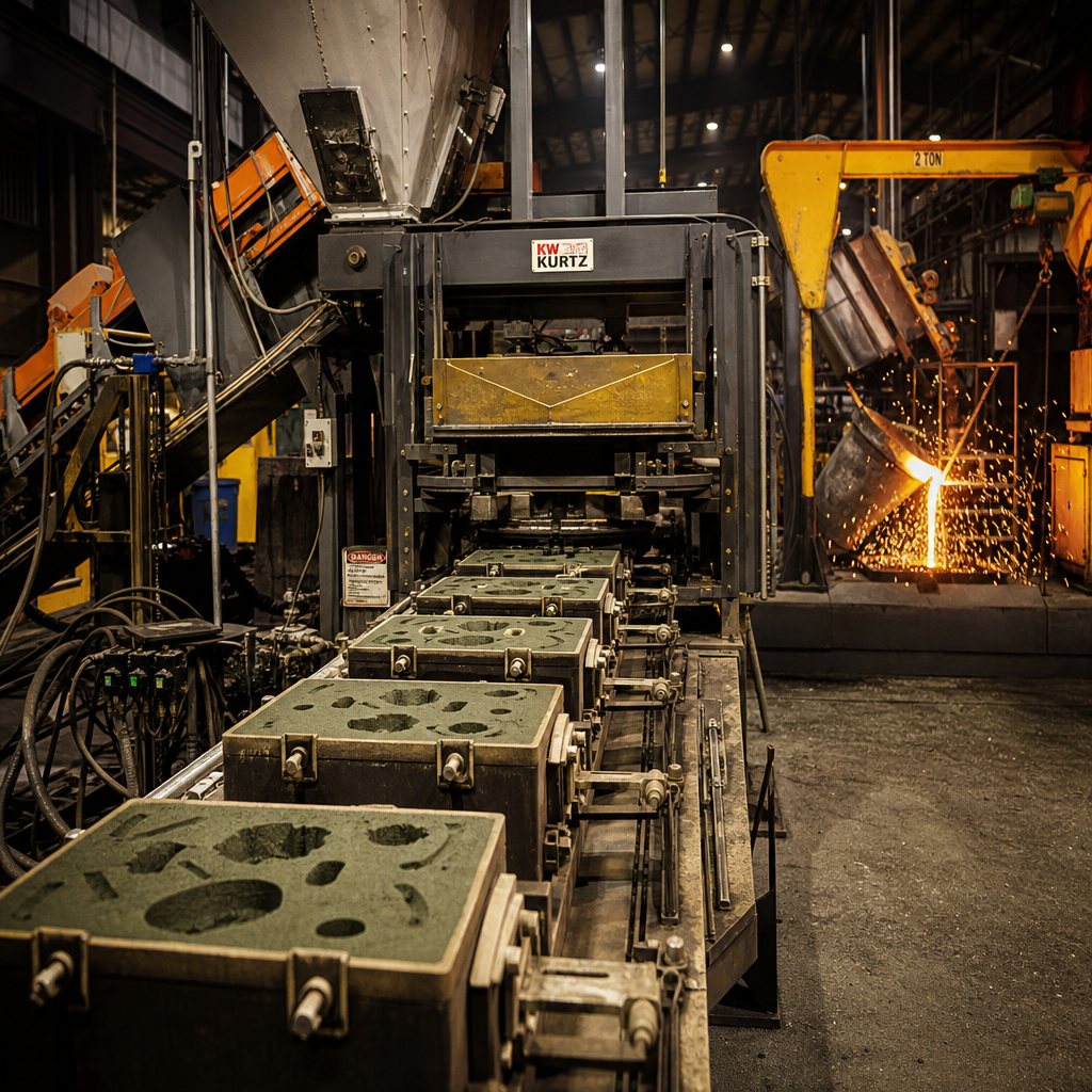 Automated green sand molding line in a foundry
