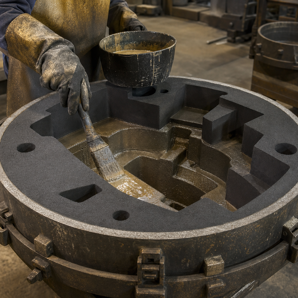 Worker coating a resin sand no-bake mold with refractory wash