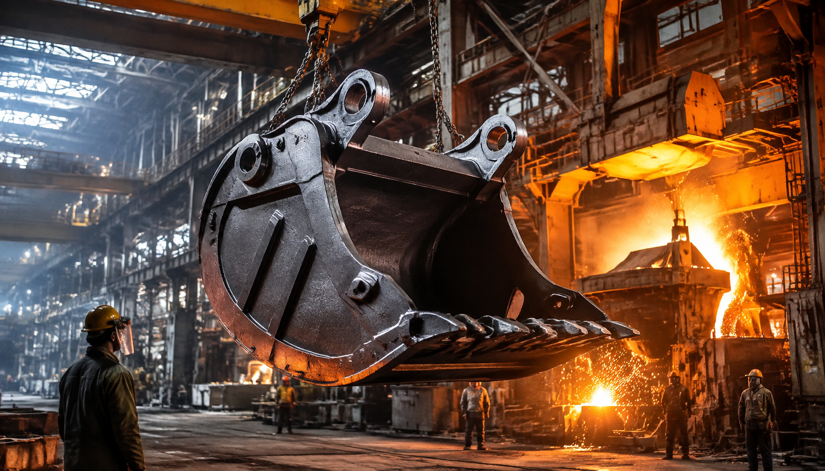 Heavy equipment steel casting lifted in a foundry