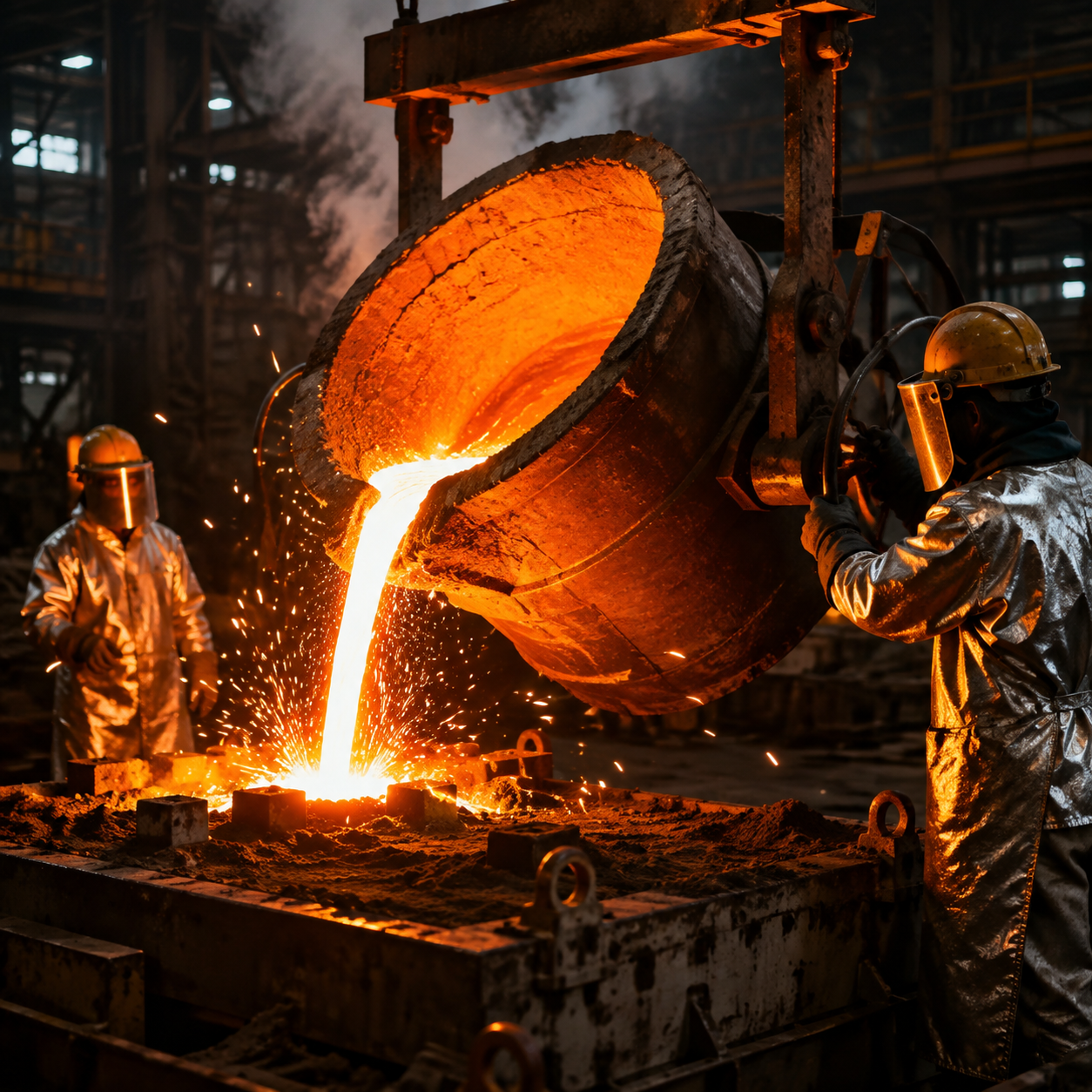 Pouring molten steel into a sand mold in a foundry