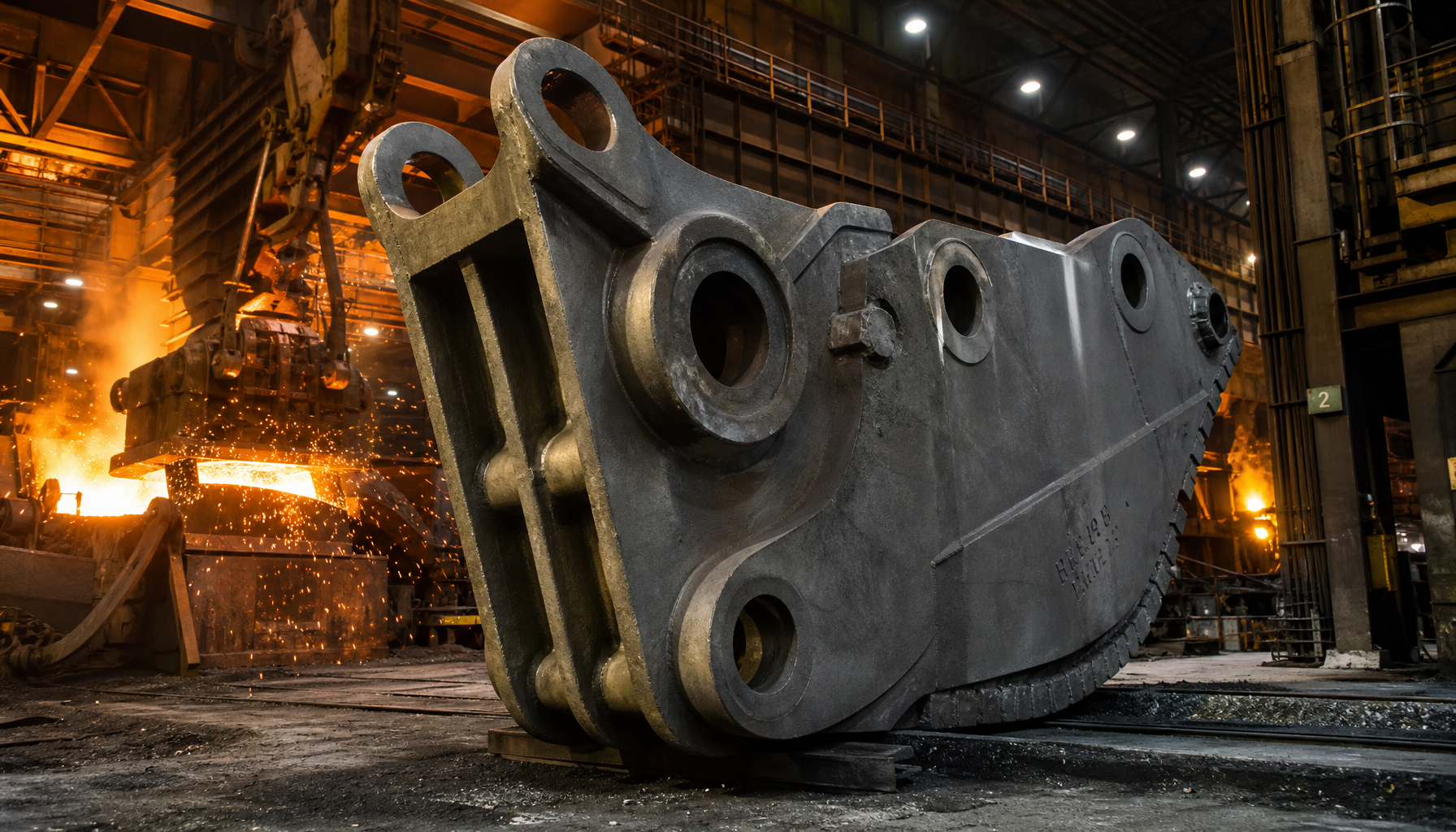 Massive mining excavator bucket casting in foundry