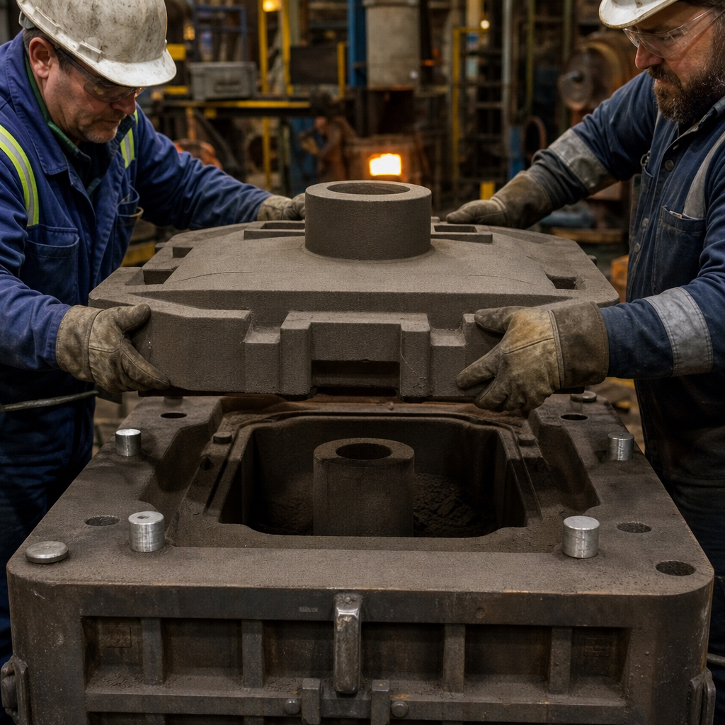 Workers assembling a no-bake sand mold for heavy equipment casting