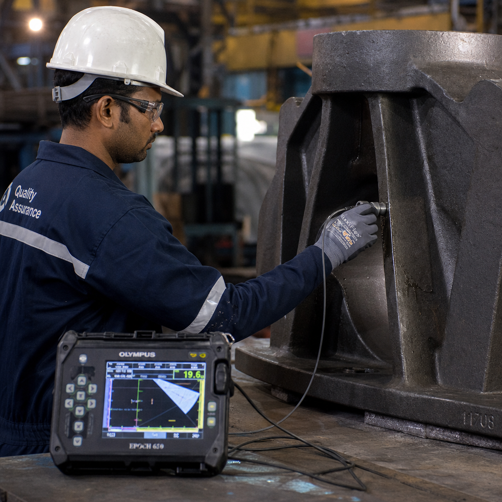 Engineer performing ultrasonic testing on a large steel casting