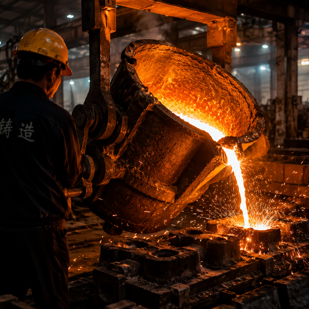 Molten steel pouring from a ladle into a heavy casting sand mold