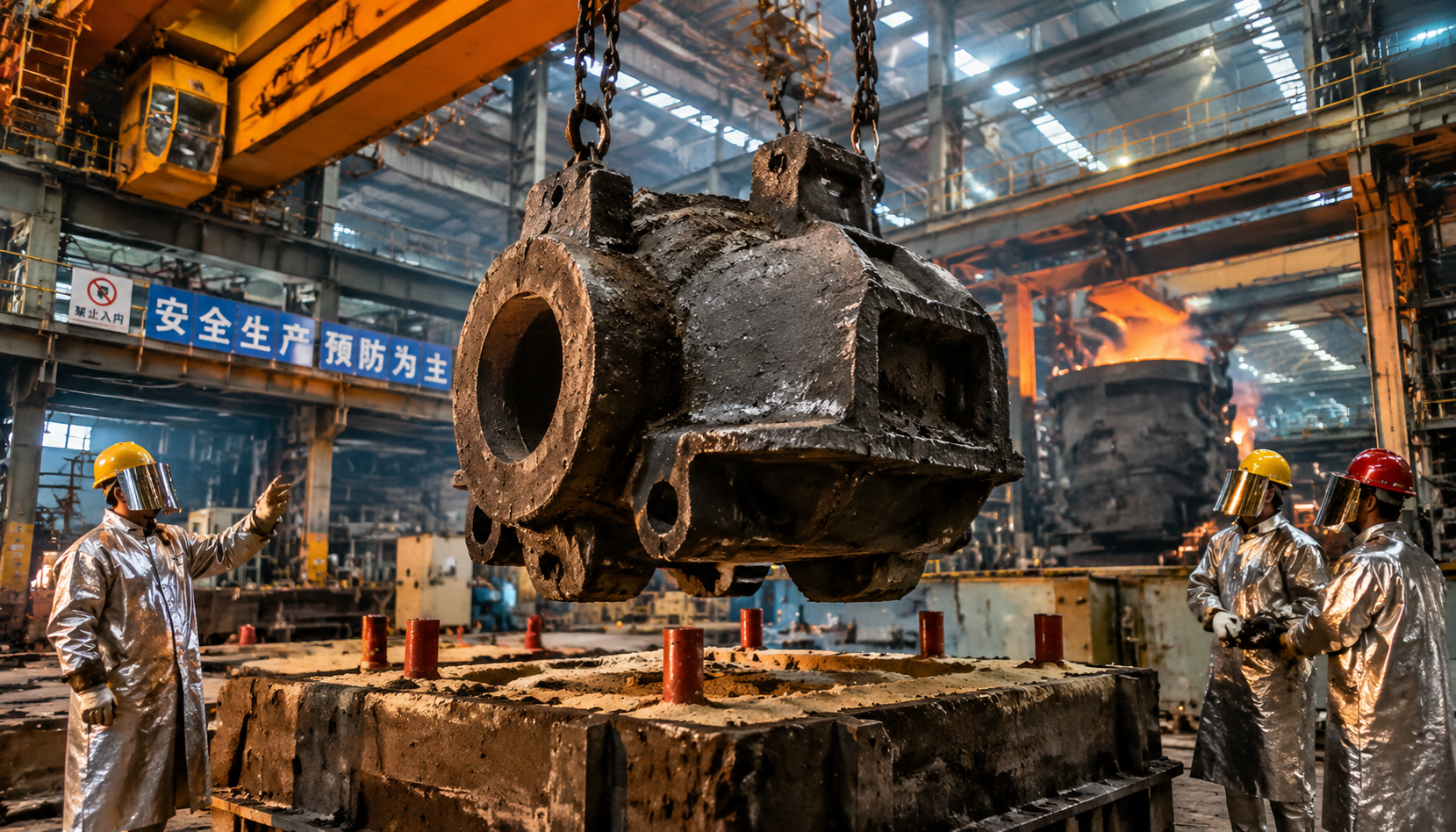 Large 8-ton steel casting in a Chinese foundry suspended from an overhead crane