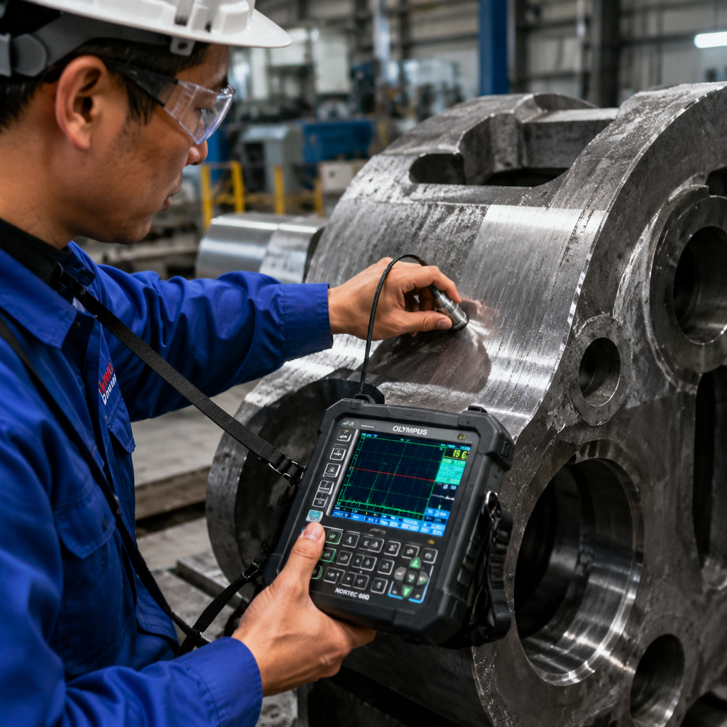 NDT technician performing ultrasonic testing on a heavy steel casting