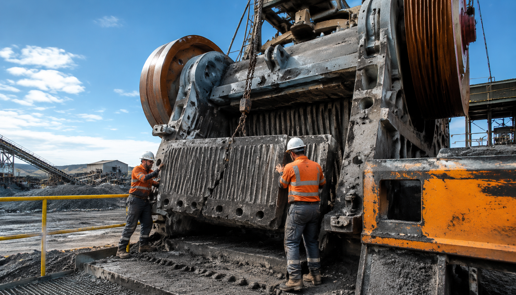 Cracked high manganese steel crusher liner being removed at a mine site