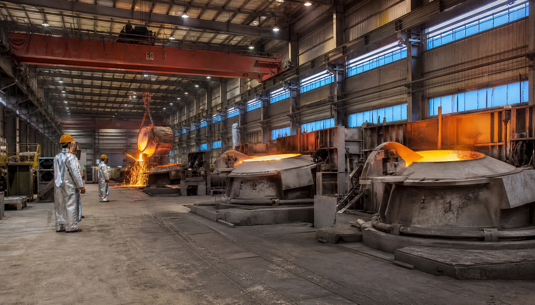 Melting bay inside a Chinese foundry with induction furnaces