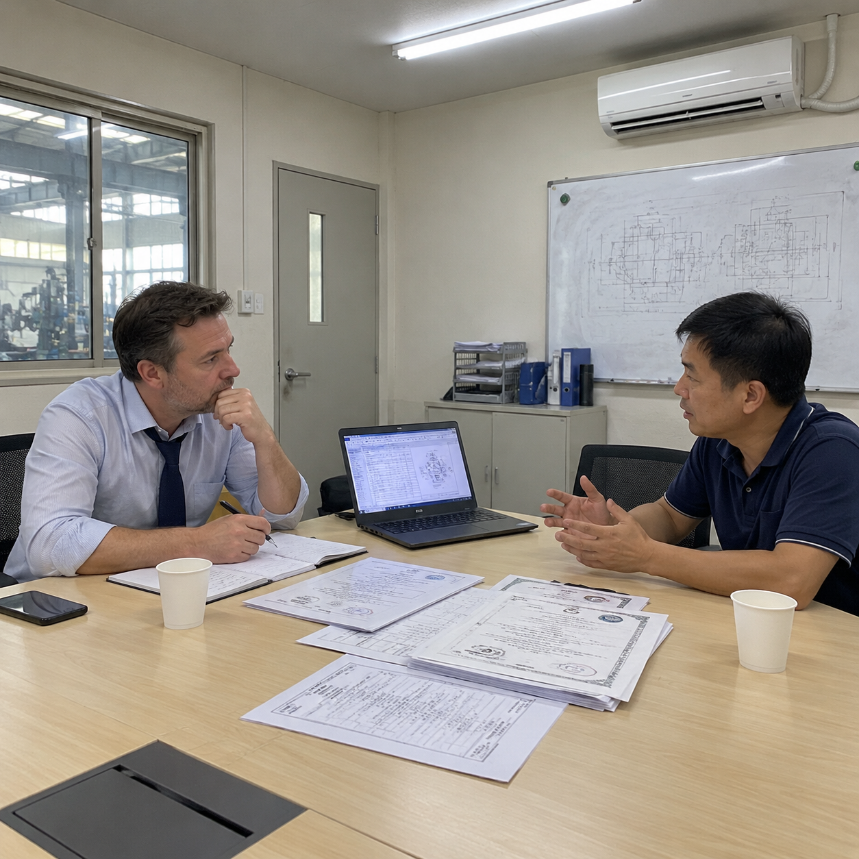 Buyer and foundry quality manager reviewing certificates in China