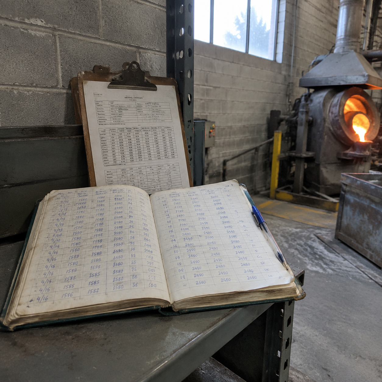Furnace log book with handwritten heat numbers at a Chinese foundry