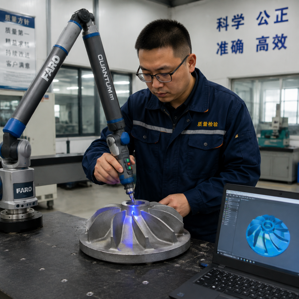 Quality inspector measuring impeller casting with 3D scanner