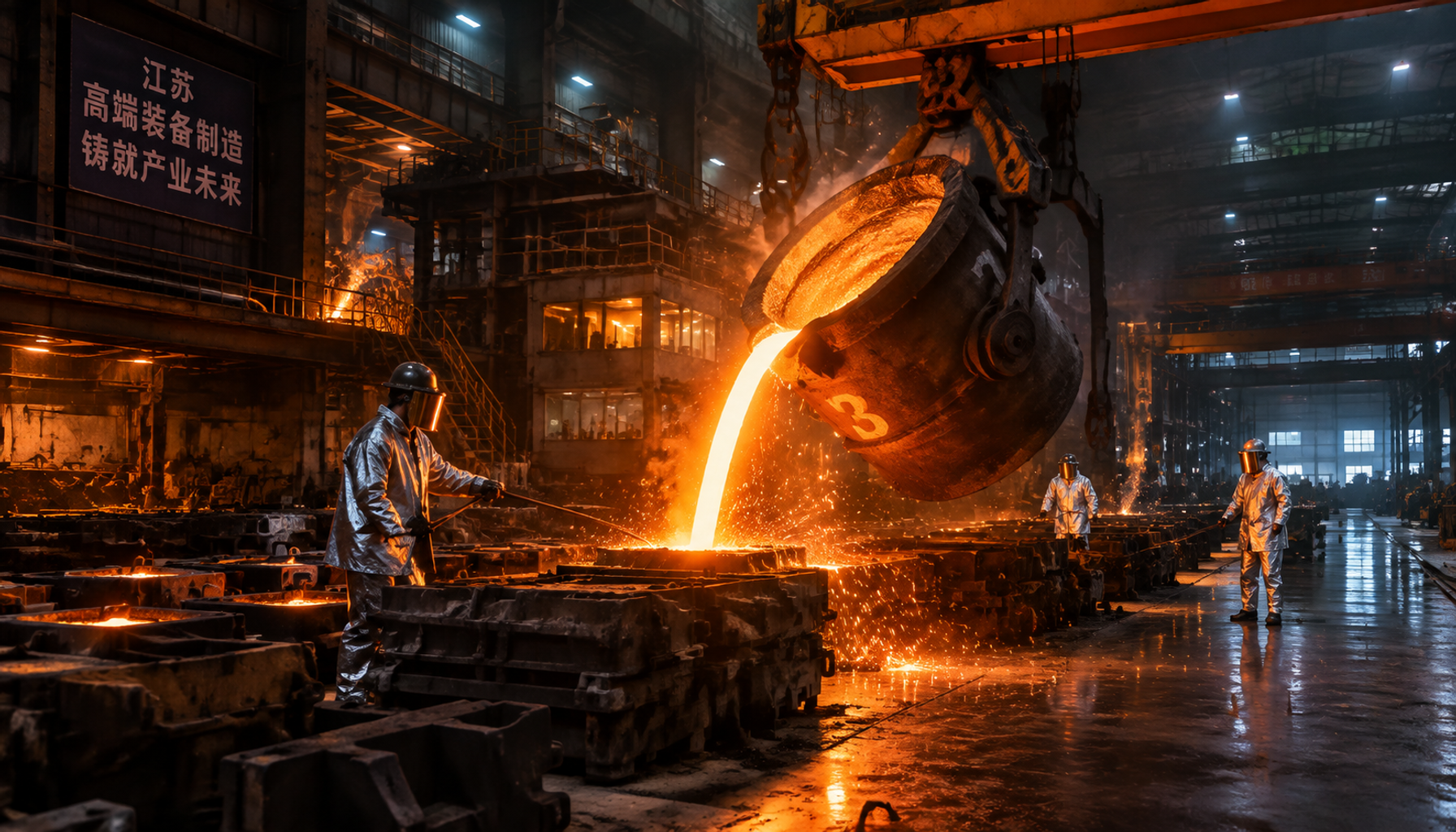 Iron foundry in Jiangsu China pouring molten metal into sand molds