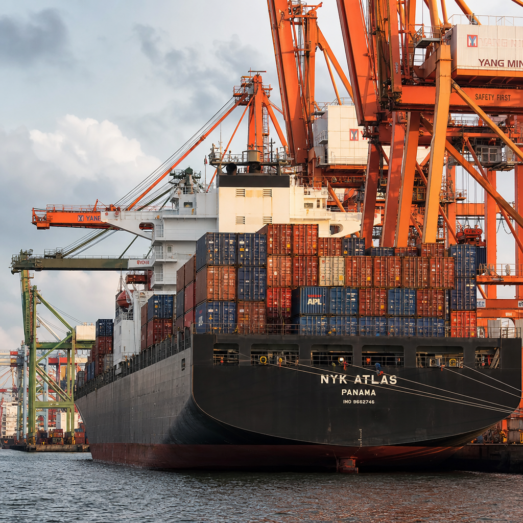Container ship at a busy Asian port with cargo cranes