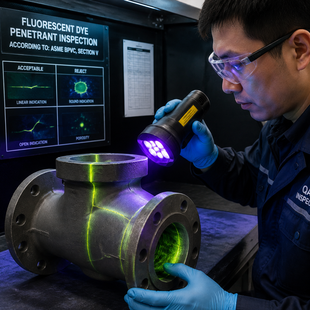 Quality inspector performing dye penetrant testing on castings