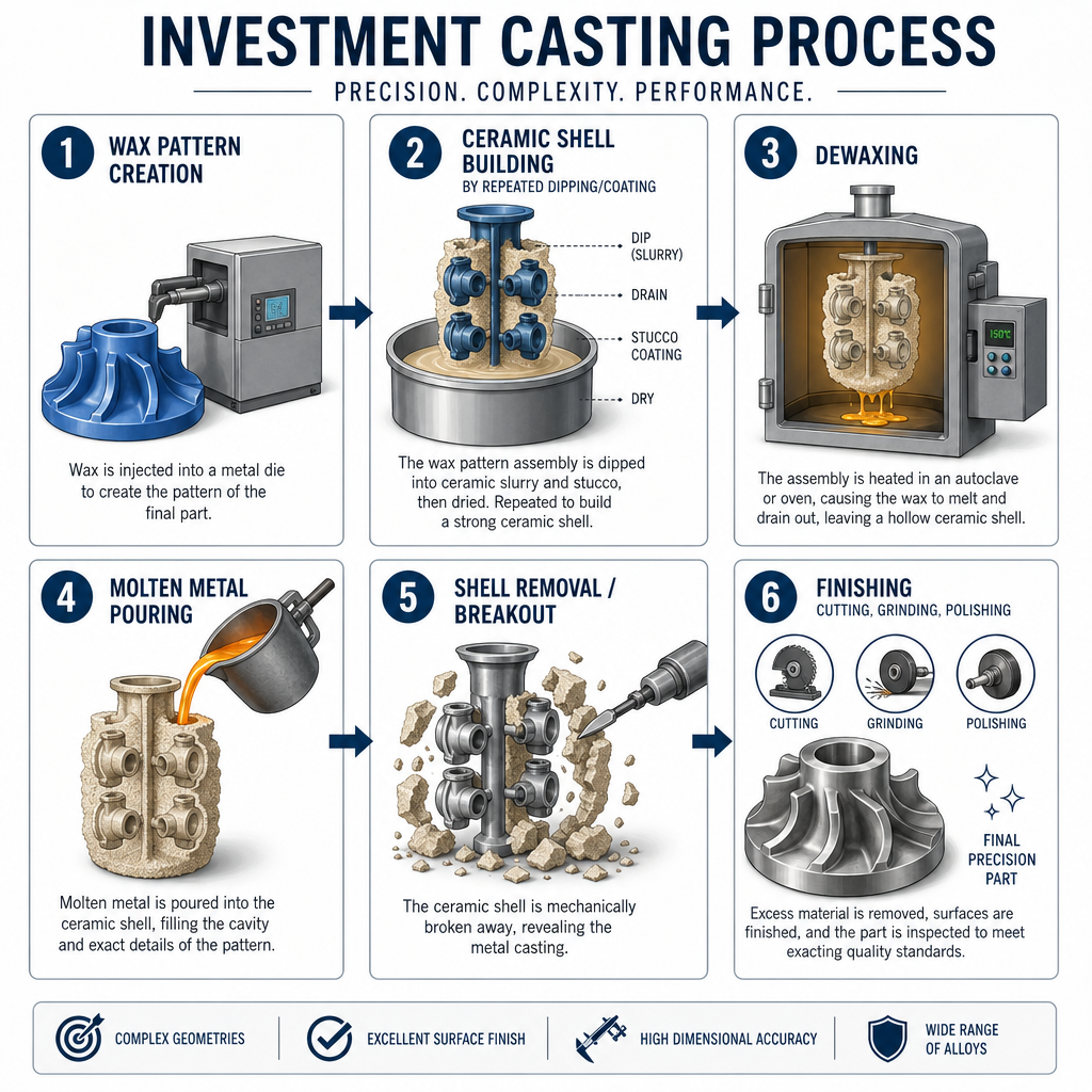 Investment casting process flow: wax pattern, shell building, pouring, finishing