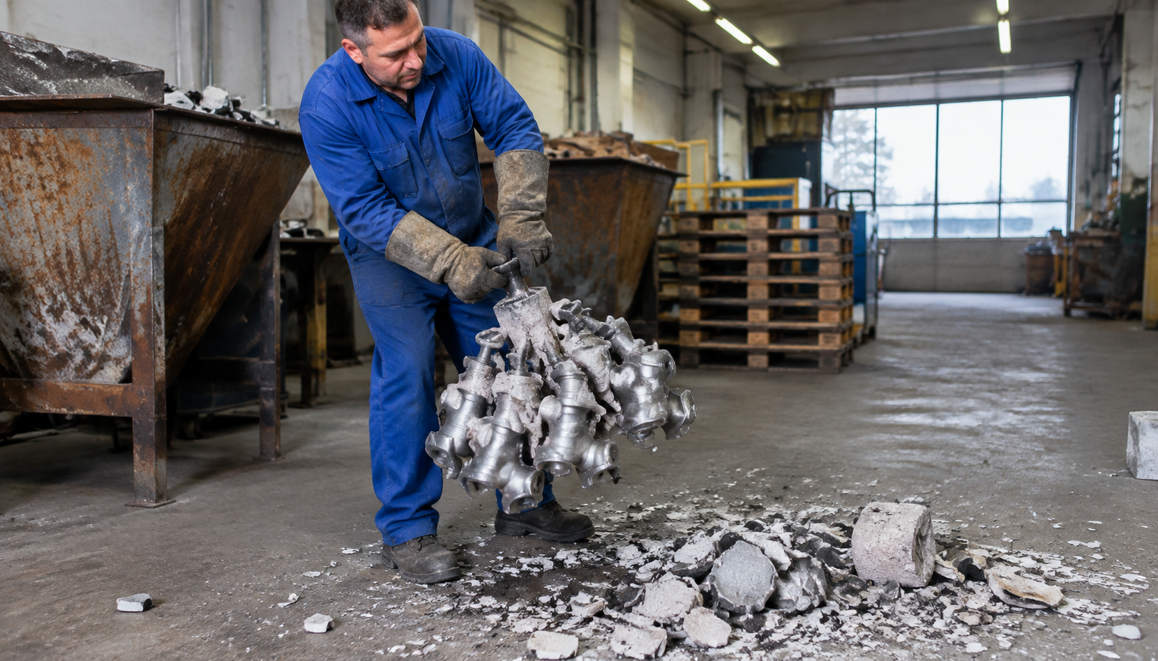 Worker removing investment castings from ceramic shell in a foundry