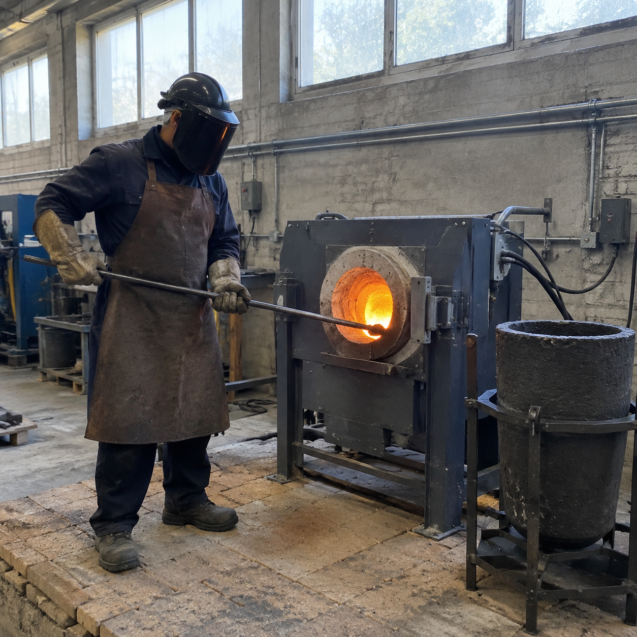 Worker at induction furnace pouring molten steel for investment casting