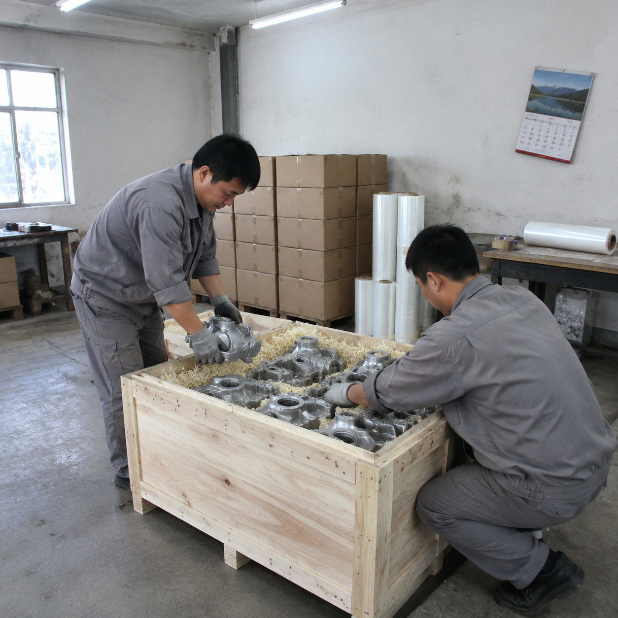 Workers packing investment castings into wooden crates
