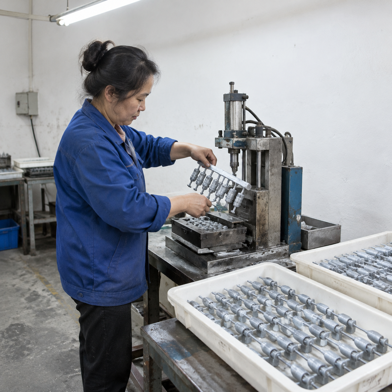 Operator removing wax patterns from die in investment casting shop