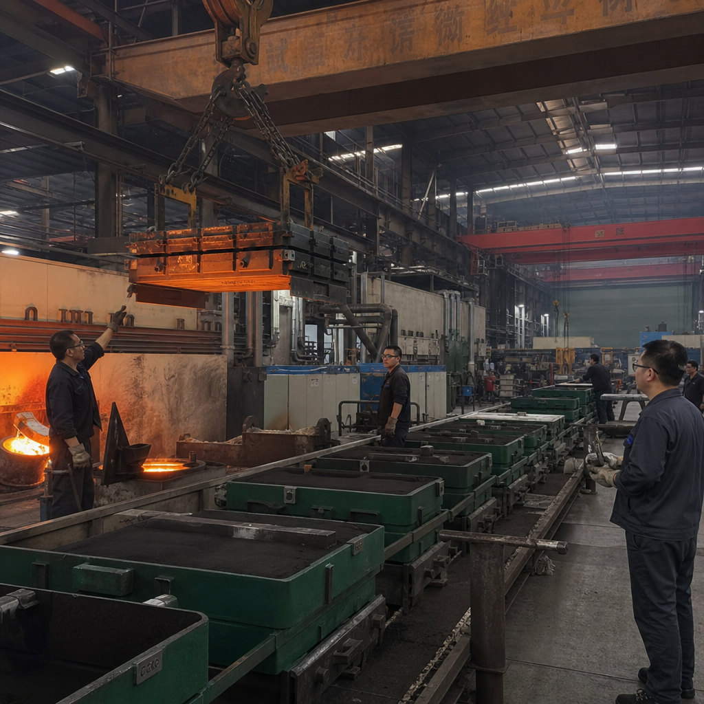 Sand casting foundry floor with green sand molding line