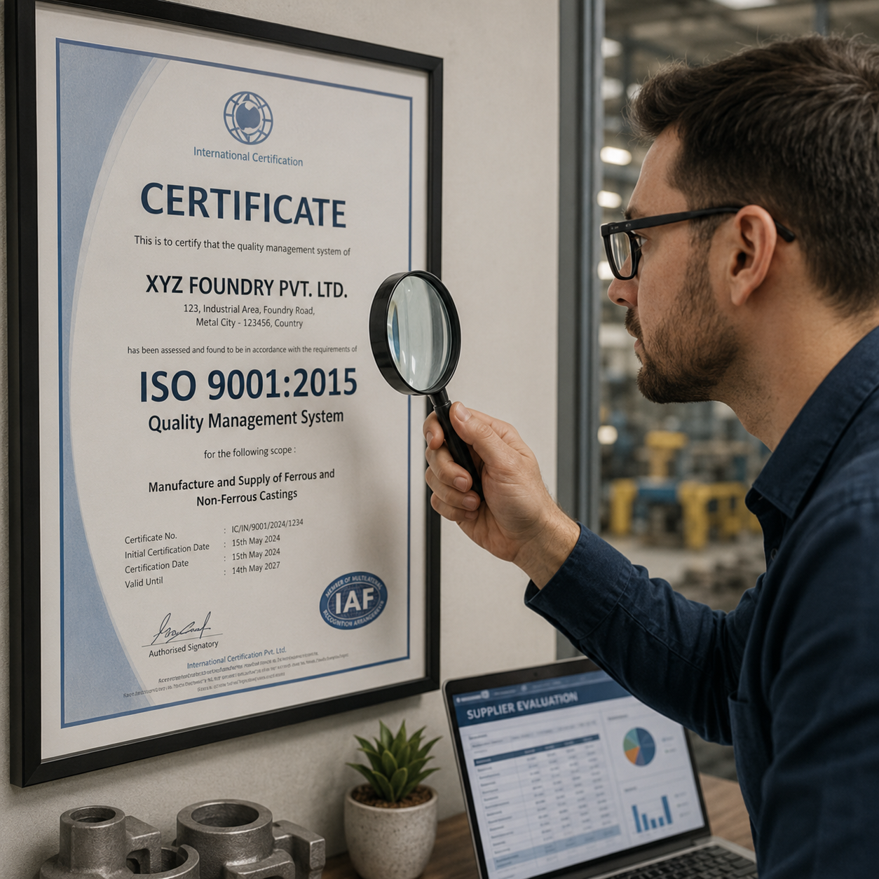 Inspecting an ISO 9001 certificate at a Chinese foundry