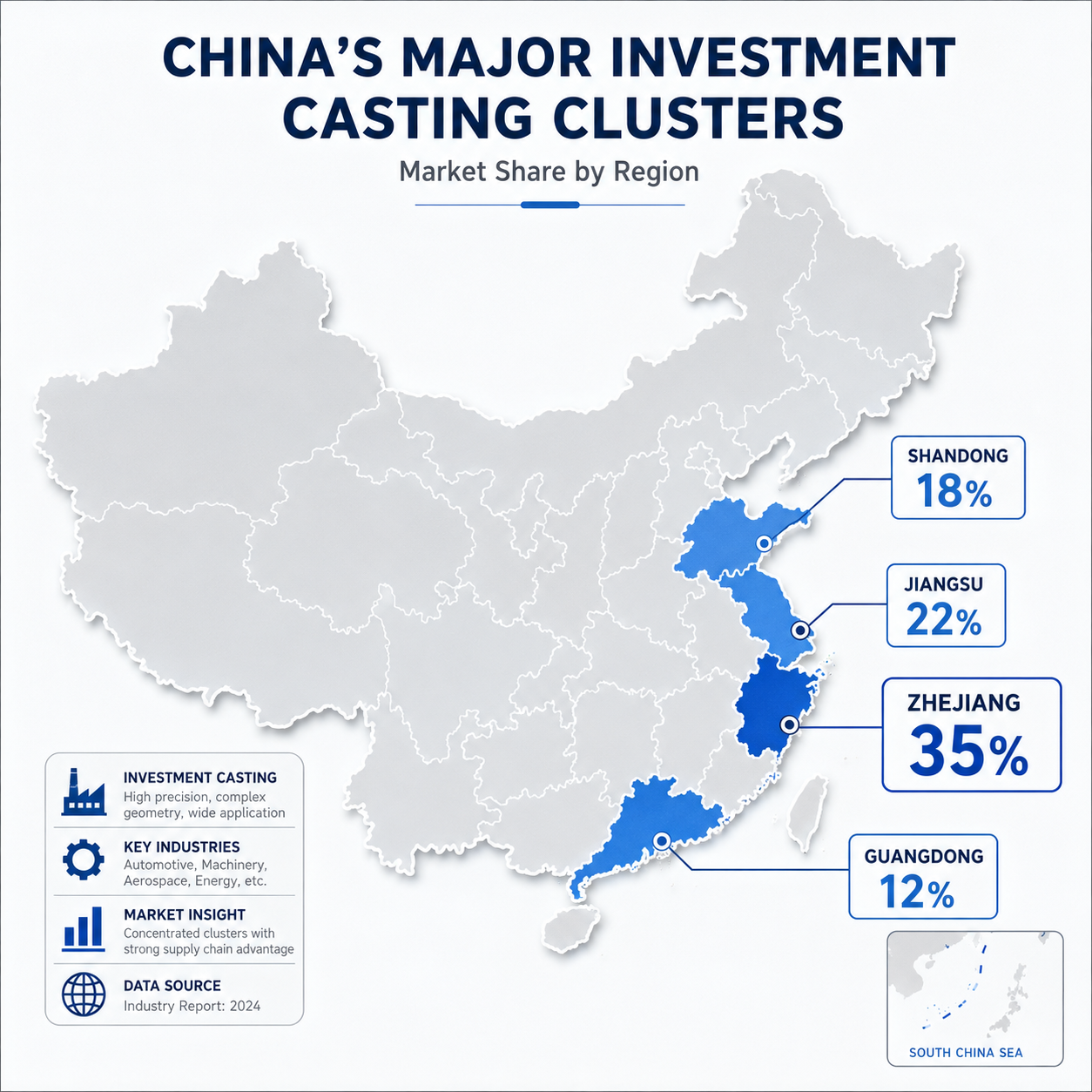 Map of China's four main investment casting clusters