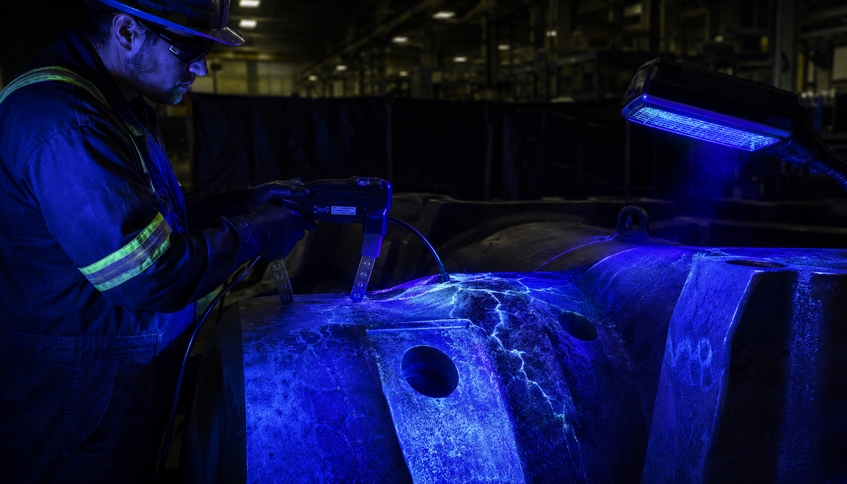 Magnetic particle inspection being performed on a steel casting