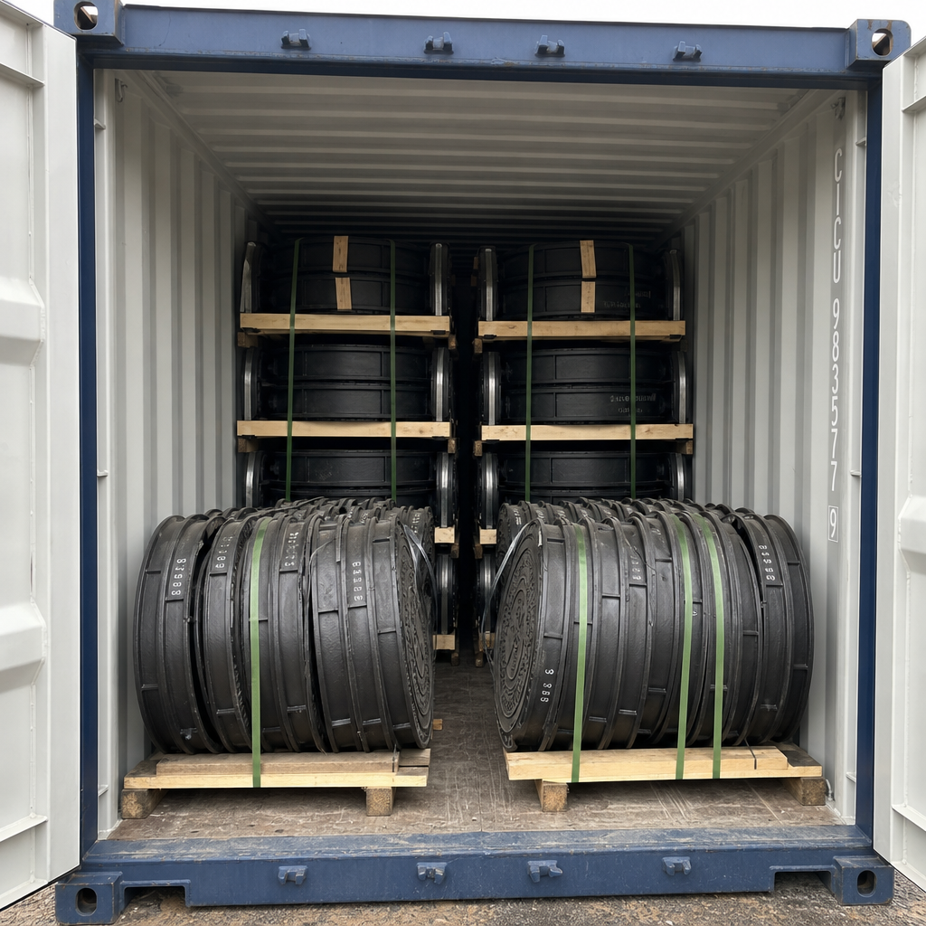 Manhole covers stacked on edge with dunnage inside a shipping container