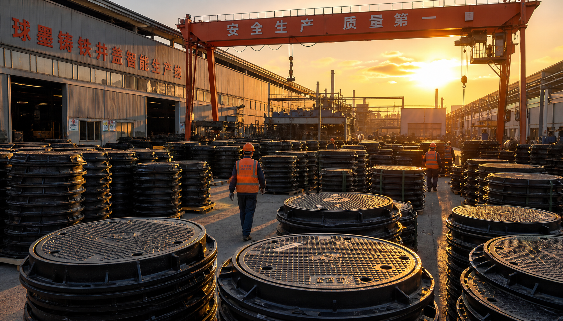 Chinese foundry yard with stacked manhole covers awaiting shipment