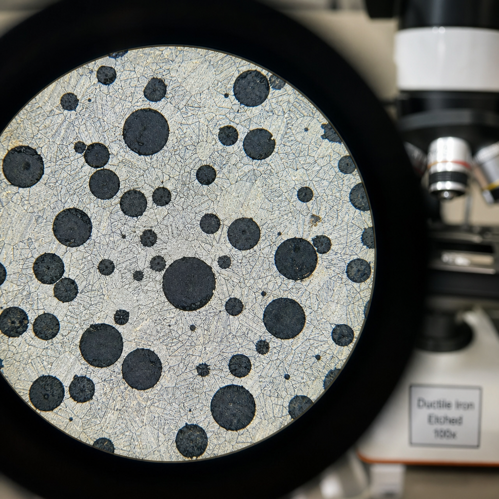 Metallographic image showing spheroidal graphite nodules in ductile iron
