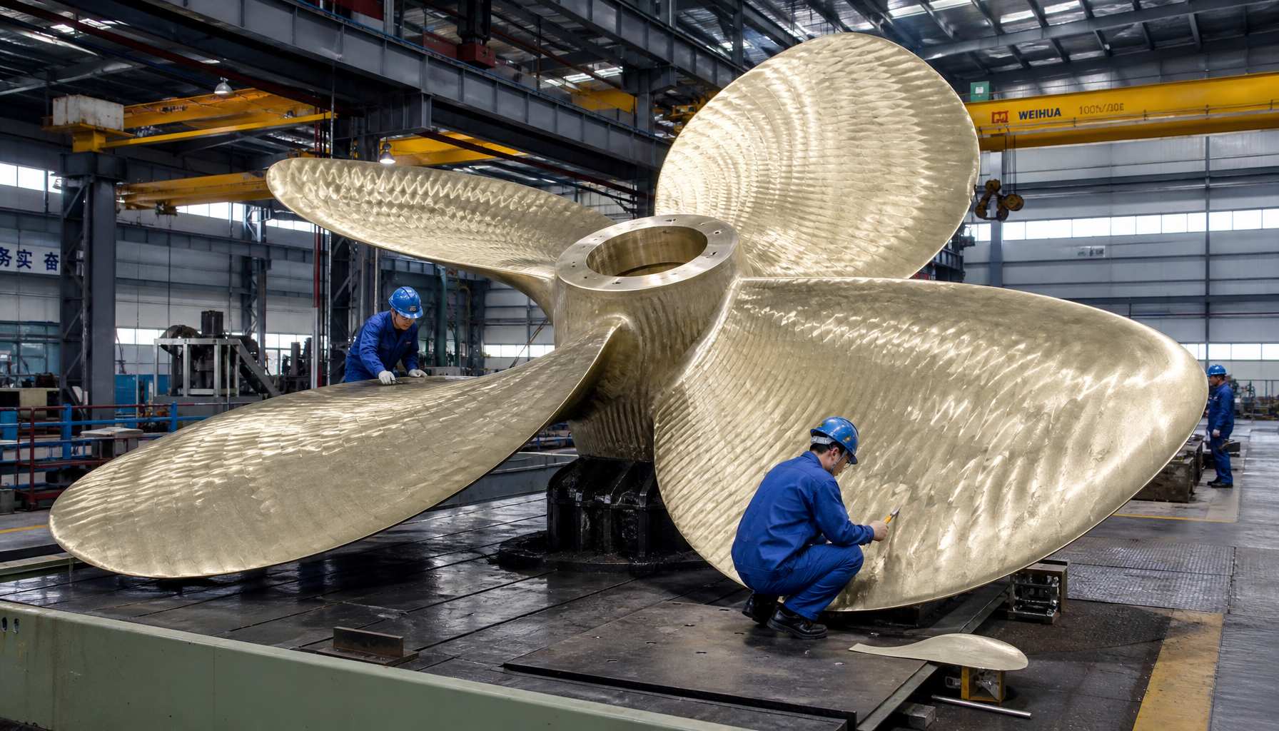 Large bronze marine propeller being inspected in a Chinese foundry
