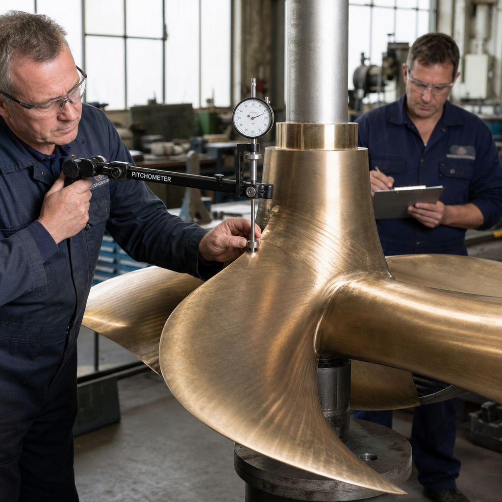 Technician measuring propeller blade pitch with a pitchometer gauge