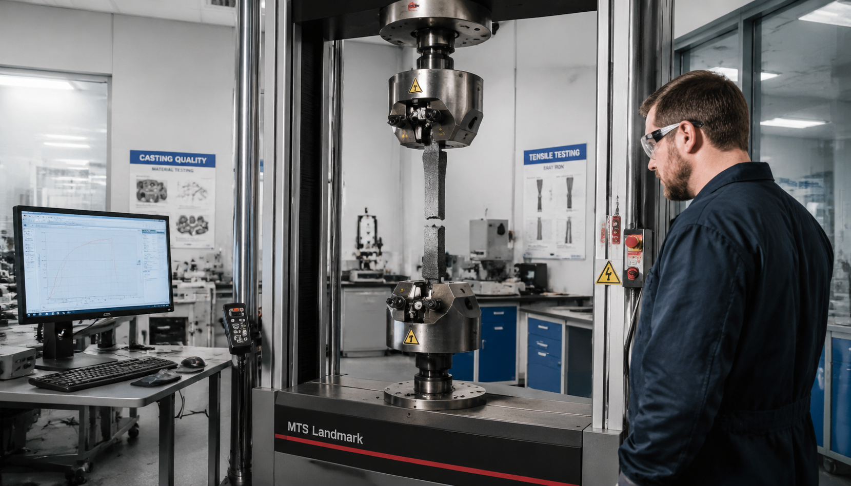 Tensile testing machine with gray iron test bar in casting quality lab