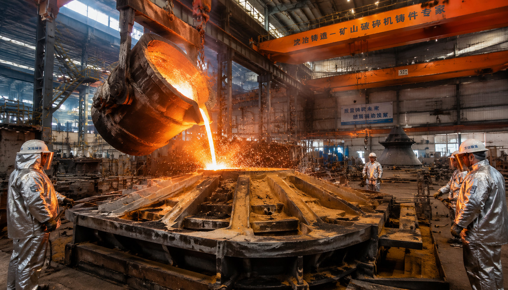 Large mining machinery casting being poured in a Chinese foundry