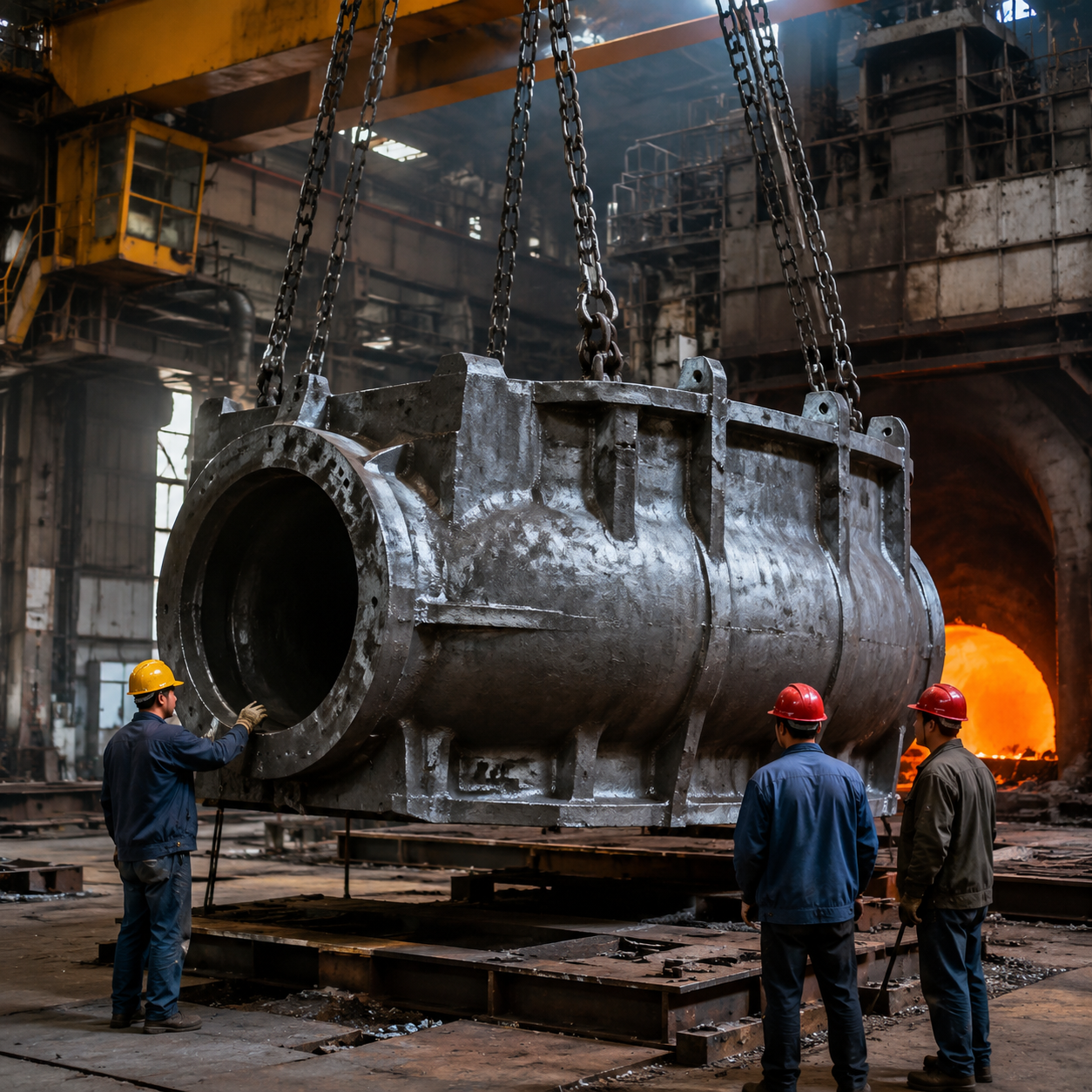 Large steel casting lifted by crane in a heavy machinery foundry