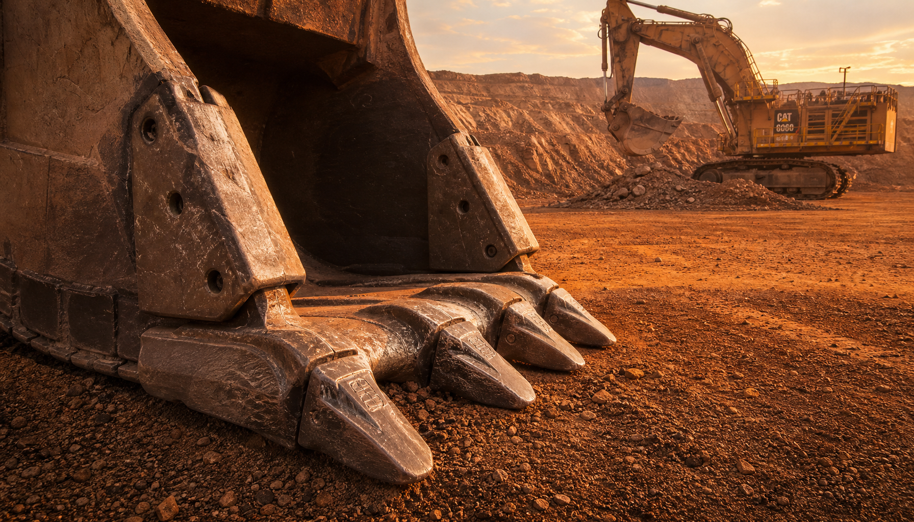 Mining excavator bucket with large steel castings