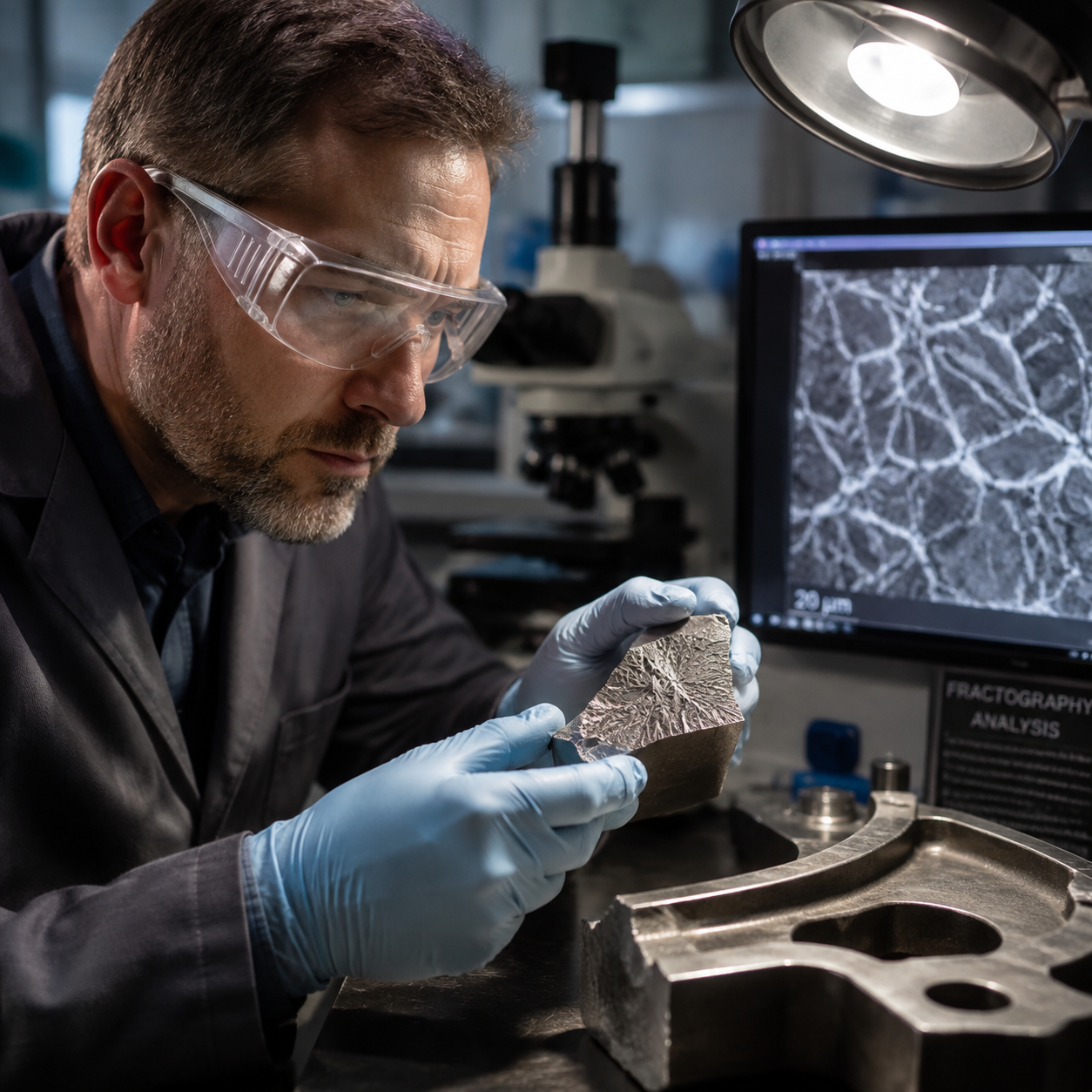Metallurgist examining a fractured casting surface