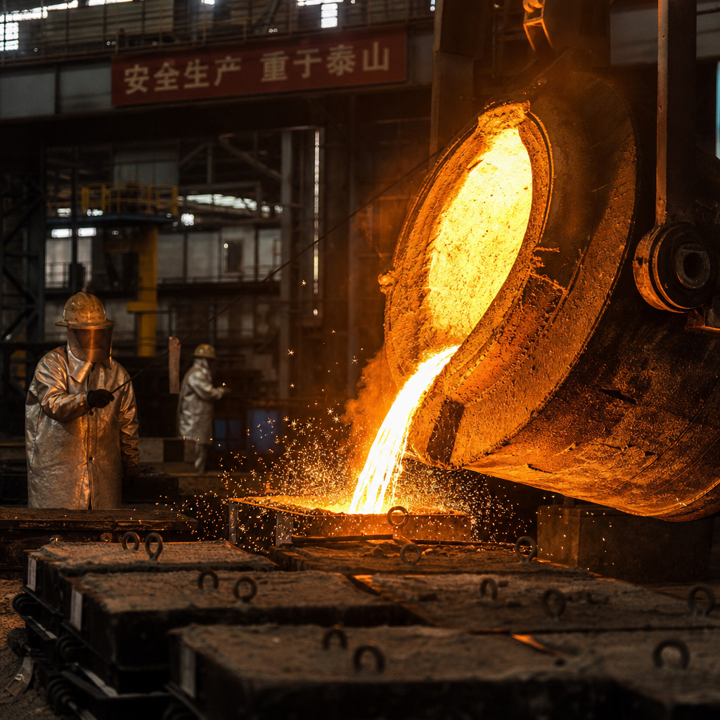 Molten steel pouring in an industrial foundry