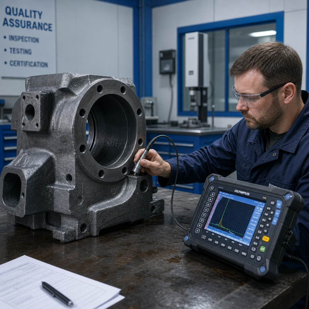 Quality engineer performing ultrasonic inspection on a steel casting