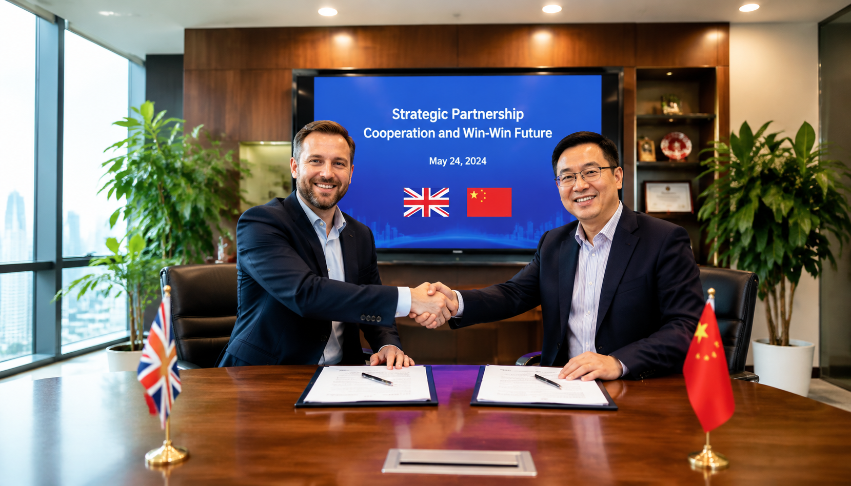 International buyer shaking hands with Chinese supplier after signing NDA