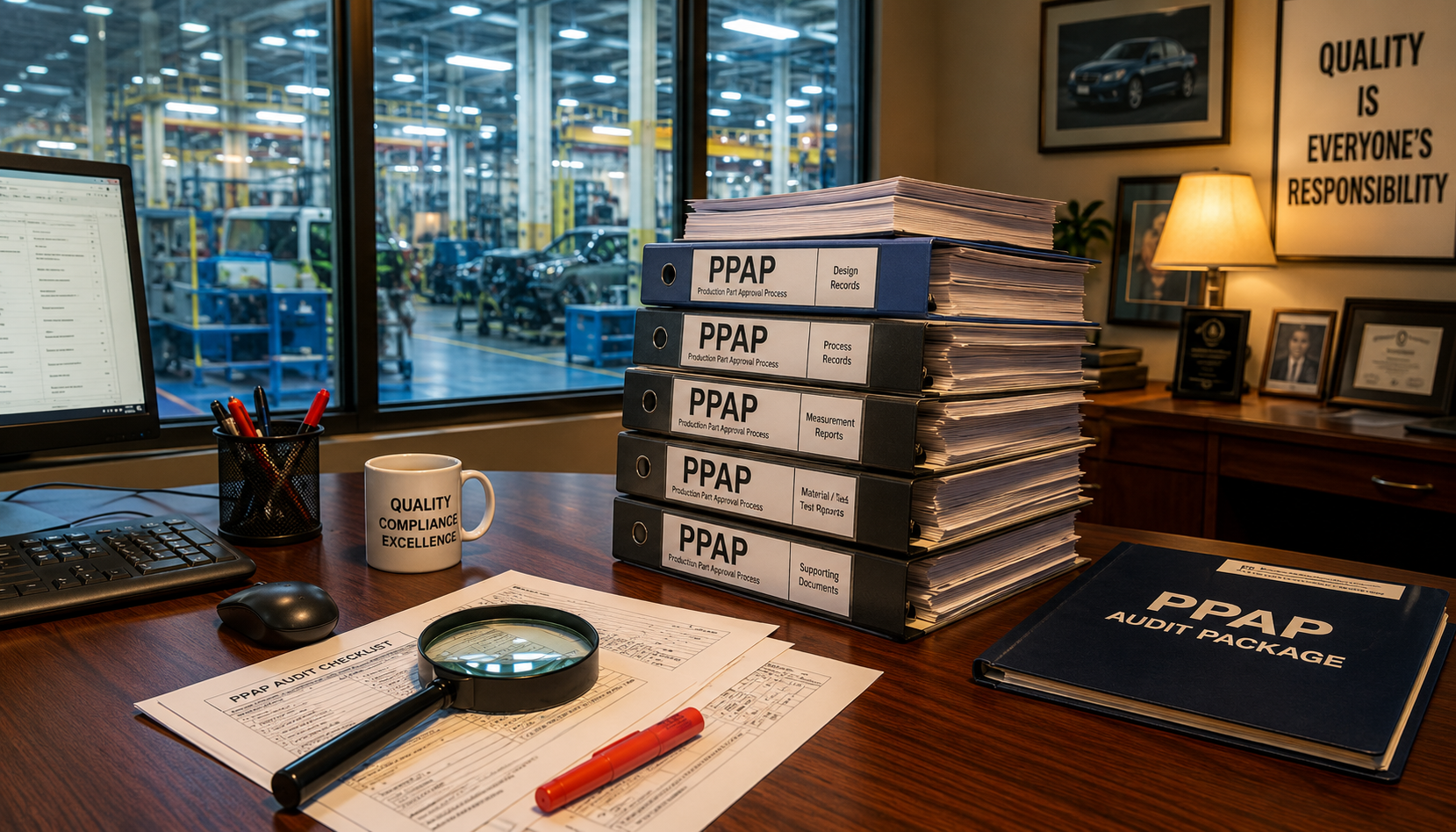 Automotive PPAP document audit on desk with binders and magnifying glass