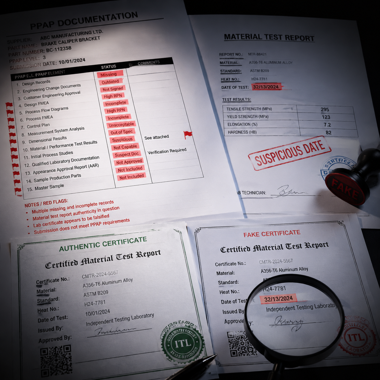 PPAP document with red flags and forged test report comparison