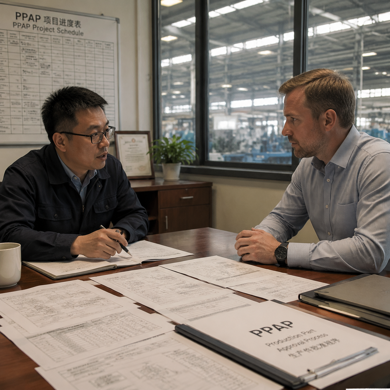 European buyer and Chinese supplier manager discussing PPAP requirements in factory office